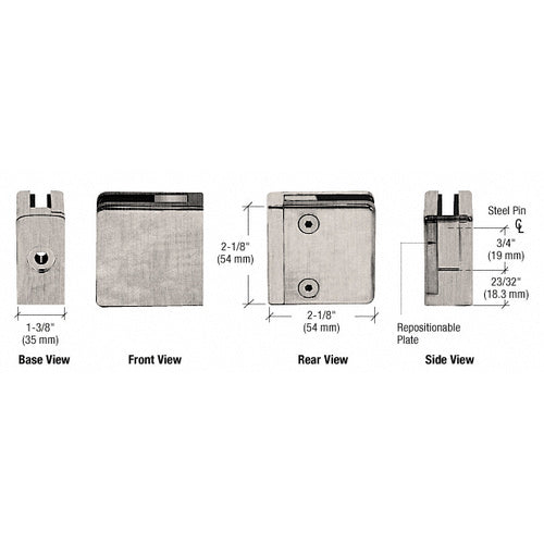 Brushed Nickel Z-Series Square Type Flat Base Zinc Clamp for 3/8" and 1/2" Glass with Repositionable Plate - ZL810BN