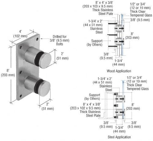 CRL 316 Polished Stainless Steel Standard 2" Glass Rail Standoff Fitting with Mounting Plate - RS0B20PS