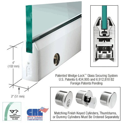 CRL Polished Stainless 4" Tapered Door Rail With Lock for 1/2" Glass - 35-3/4" Length - DR4TPS12SL