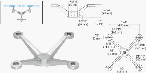 CRL Brushed Stainless 4-Way Arm Heavy Duty Post Mount Spider Fitting - PMH4BS