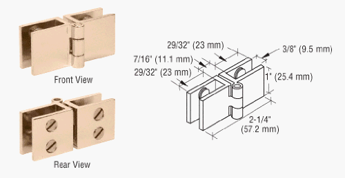 CRL Brass Finish Wide Face Glass-to-Glass Out-Swing Set Screw Hinge - EH162